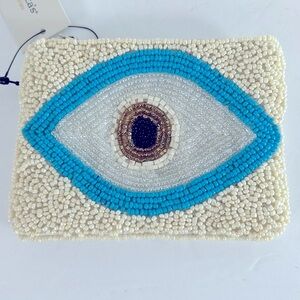 Francesca’s NWT Evil Eye Hand Beaded Zip Closure White & Blue Pouch Style MA7659